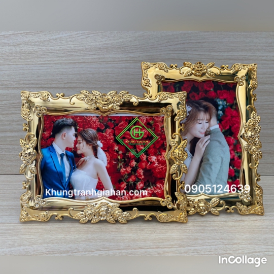 khung pha lê 15x21 vàng hoa hồng