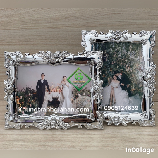 khung pha lê 15x21 bạc hoa hồng
